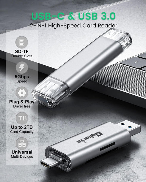 CYBORIS Micro SD Card Reader, USB 3.0 USB-C Memory Card Reader, Aluminum Multi 2-in-1 External SD Card Adapter for Phone Camera PC Laptop Table, S...