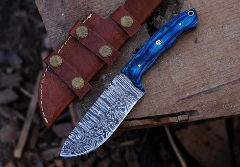 BCK damascus knife damascus steel hunting knife Fixed Blade Hunting Knife with Sheath - Damascus Knife with Blue Wood Handle - 9.75 Inches Handmad...