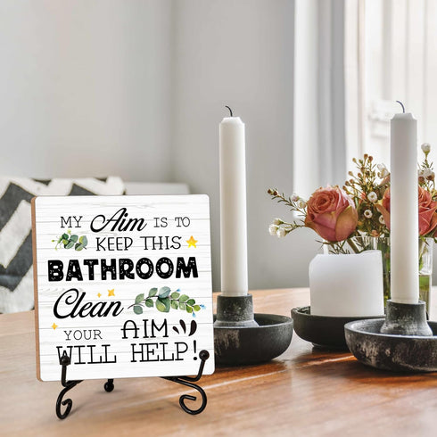 Bathroom Decor Wood Sign, My Aim Is To Keep This Bathroom Clean Wood Block, 5x5 Inch Wood Sign Comes With Iron Stand, Perfect For Home Bathroom To...