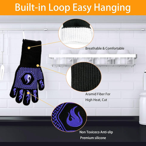 BBQ Fireproof Gloves, Grill Cut-Resistant Gloves 1472°F Heat Resistant Gloves, Non-Slip Silicone Oven Gloves, Kitchen Safe Cooking Gloves for Oven...