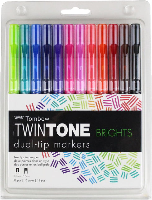 Tombow 61500 Twintone Marker Set, Bright, 12-Pack. Double-Sided Markers for Bold and Precise Writing...
