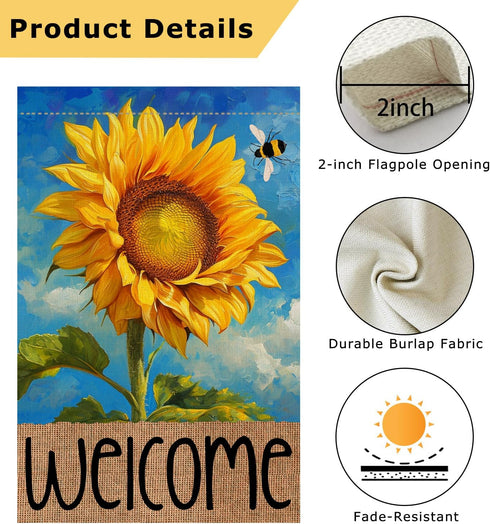 4TH Emotion Summer Sunflower Garden Flag 12x18 Double Sided for Outside, Spring Welcome Bumble Bee Small Burlap Yard Flag for Outdoor Holiday Deco...