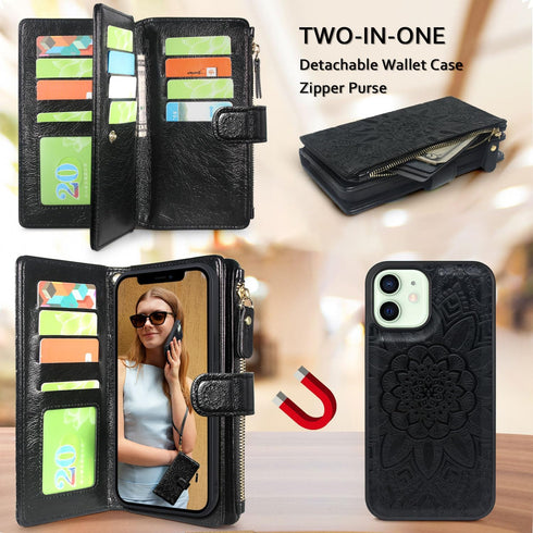 Harryshell Compatible with iPhone 12 / iPhone 12 Pro Case Wallet Detachable Magnetic Zipper Leather Cash Pocket with 12 Card Slots Holder Wrist St...