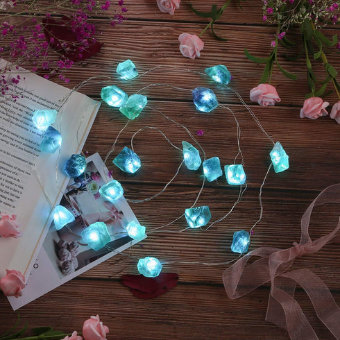 Natural Fluorite String Lights Raw Crystal Decorative Lights Healing Cluster Lit 20 LEDs 6.5ft with Remote Control, Hanging Ornaments Decor Batter...