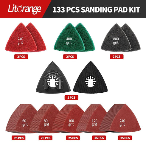 Litorange 133 Pcs Oscillating Tool Sanding Pad Kit, 2 Pcs Triangle Sanding Pads and 125 Pcs Multitool Sandpaper, 6 Pcs Triangular Scrubbing Pads f...