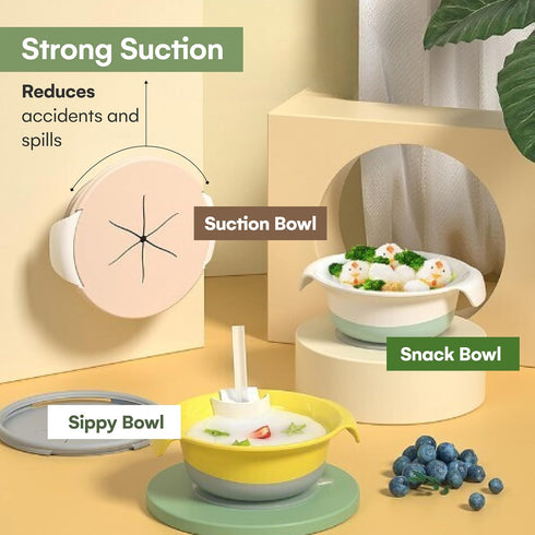 Childlike Behavior 3-in-1 Food Snack Bowl - Baby Suction Plate Set - Self-Feeding Starter Kit Milk with Cereals for Babies with Lid, Training Spoo...