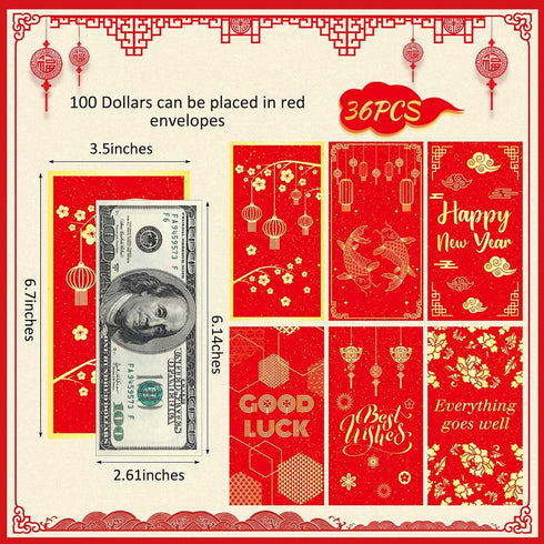 Henoyso Chinese Red Envelope Chinese Red Money Envelopes 2024 New Year Envelopes 3.5 x 6.7'' CNY Red Pocket Envelopes Hongbao for Spring Festival ...