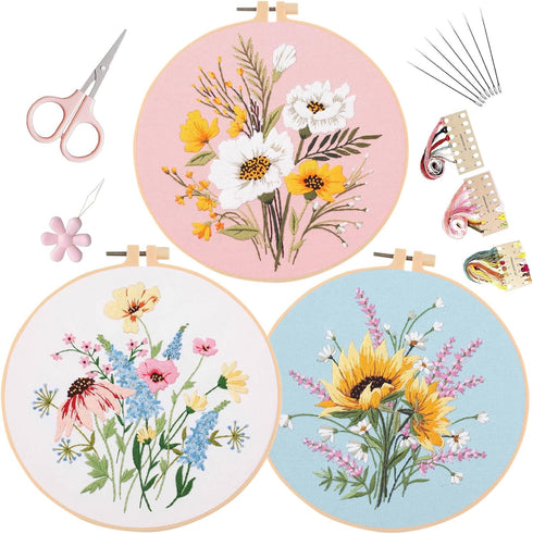 EOBTAIN 3 Pack Flower Embroidery Kit Hand Embroidery Stitch Practice Kits for Beginners Adults Cross Stitch Kits with Embroidery Hoop,Needles and ...