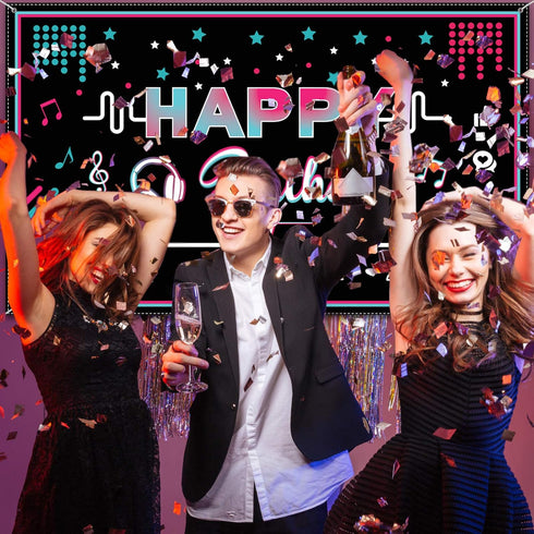 Music Happy Birthday Party Backdrop Musical Social Media Birthday Party Supplies Social Media Photography Background Large Fabric Banner for Teens...