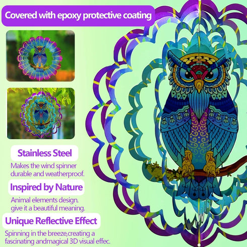 Metal Owl Wind Spinner, 12 inch Hanging Wind Spinner for Indoor/Outdoor Décor, Kinetic Yard Art Owl Gifts for Women Mom Grandma Wife...