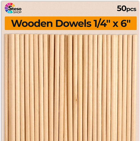 Wooden Dowel Rods 6 inch - 1/4 Hardwood Dowels - Craft Dowels for Woodworking Project 50 pcs - for Model Building Games Kids Crafts Handmade Gifts...