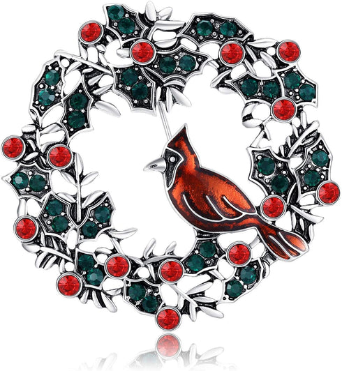 Cardinal on Wreath Pin Red Bird with Crystal Flower Green Leaf Christmas Brooches for Women Gifts Holiday Party Decorations with Message Card & Bo...