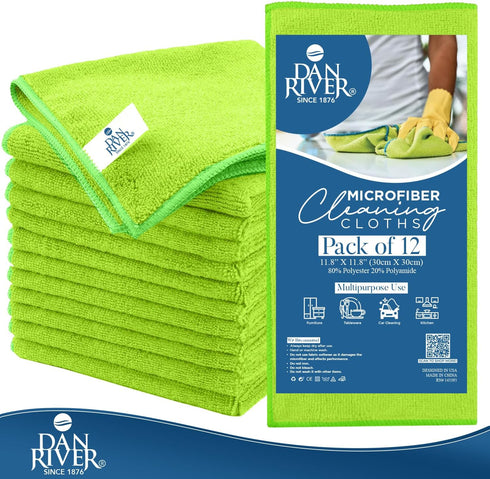 DAN RIVER Microfiber Cleaning Cloth - 12 Pack Economy Bundle - Soft, Absorbent Cleaning Rag - Microfiber Towels for Cars, Glasses, House, Windows,...