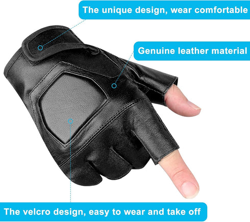 Accmor Genuine Leather Cycling Fingerless Gloves, Outdoor Driving Motorcycle Sport Half Finger Glove for Men Women Teens...