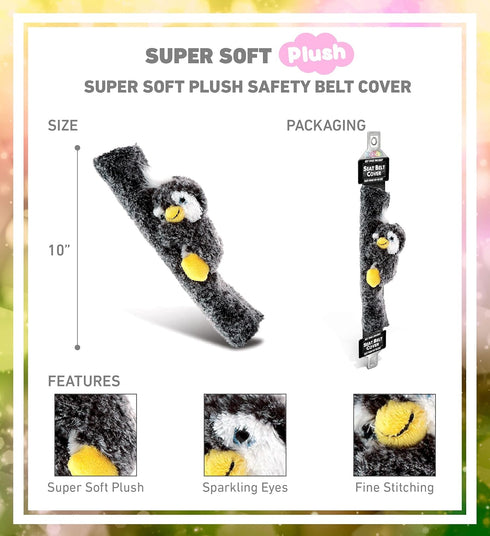 DolliBu Black Penguin Plush Car Seatbelt Cover - Soft Fluffy Cushion Support for Safety Seat Belt Strap Cover, Decorative Wild Life Stuffed Animal...