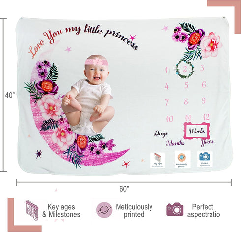 Baby Milestone Blanket Girl- Floral and Moon Design, Baby Girl Gifts, Nursery Decor Baby Shower, Newborn Baby Blanket, Baby Growth Chart Blanket, ...