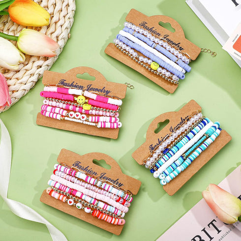 Yaomiao 28 Pcs 4 Set Heishi Surfer Bracelets Set for Women Colorful Preppy Beaded Stretch Bracelet Friendship Bracelets Clay Stackable Boho Disc P...