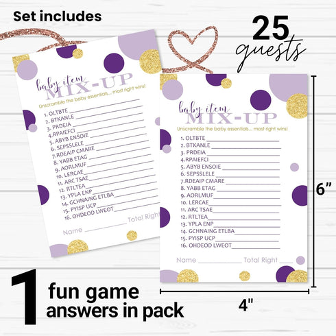 Purple and Gold Baby Shower Games - Word Scramble Game for Girls or Boys - Fun Gender Reveal Activity with Prizes - Prince or Princess Theme - 25 ...