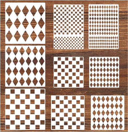 9Pcs Checks Diamond Stencils, Harlequin Checkerboard Stencils Assorted Sizes Square Diamond Shape Templates Reusable Diamond Checks Stencil for Pa...