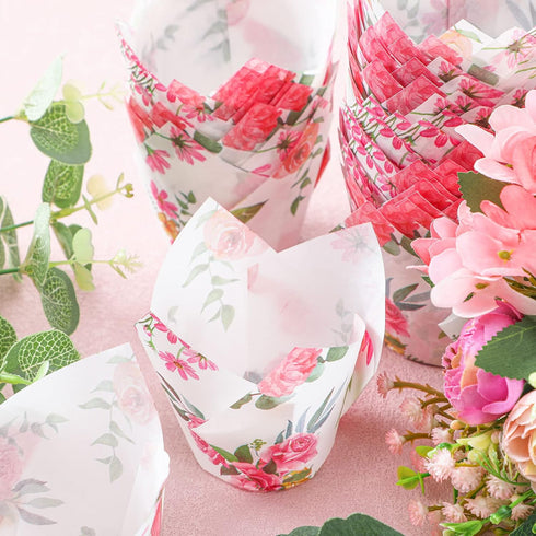 Funtery 200 Pieces Pink Flower Tulip Cupcake Wrappers Liners Tulip for Baking Flower Cupcake Liners Mini Cupcake Baking Rustic Birthday Party Deco...