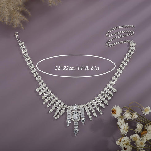 YERTTER Dainty Silver Full Rhinestone Chain Sparkly Collar Chain Choker Statement Tassel Crystal Choker Necklace Adjustable for Party Music Bar Wo...