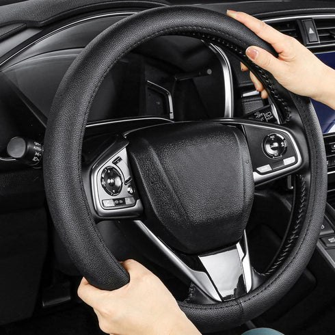Black Leather Steering Wheel Cover?Classic Black?Anti-Slip, Safety, Soft, Breathable, Adaptable to 14.5-15 inches Steering Wheel...