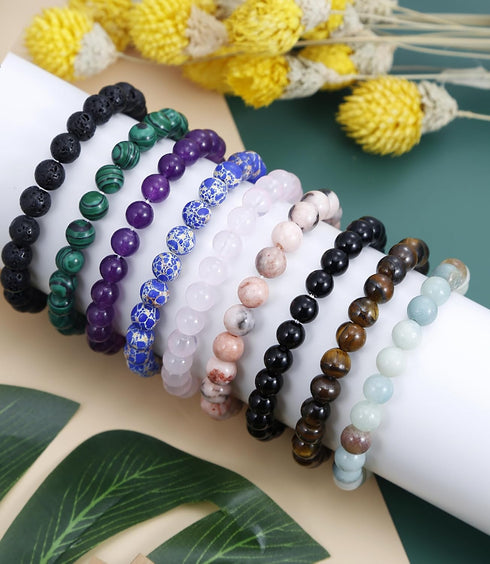 BOMAIL 9PCS Natural Crystal Bracelets for Women Men - 8mm Semi-Precious Gemstone Beaded Bracelets, Round Gemstones Stretch Bracelet, Yoga Bracelet...