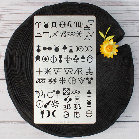 Aleks Melnyk No.398 Metal Stencil, Alchemical symbols, Small Stencil, 1 PC, Template for Wood Burning, Engraving, Crafting, Scrapbook...