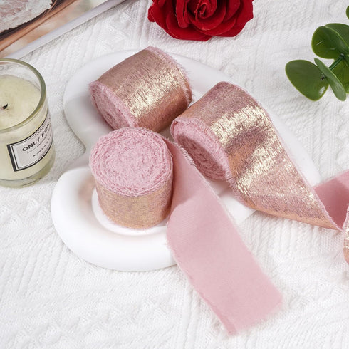 3 Rolls Rose Gold Shimmery Chiffon Ribbon Metallic Chiffon Ribbon Shimmery Frayed Edge Silk Ribbons for Flower Bouquet Gift Wrapping Wedding Decor...