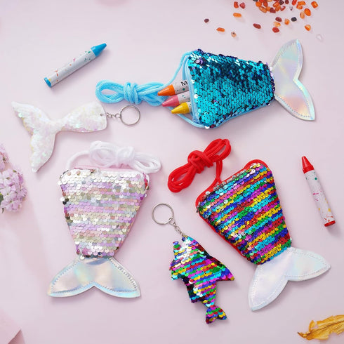 30 Pcs Mermaid Tail Coin Purse Colorful Sequin Keychains Mermaid Tail Sequin Crossbody Coin Wallet Bags Reversible Sequin Glitter Keychains for Ki...