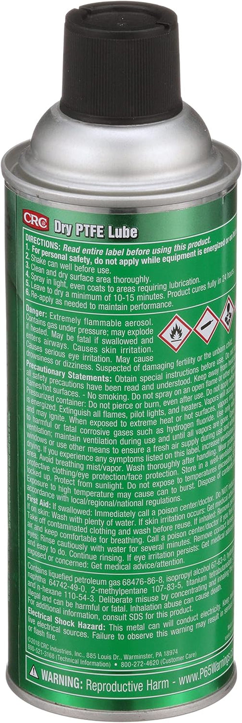 CRC Dry PTFE Lube, 10 Wt Oz, NSF H2 Registered Lubricant with Advanced Dry Film Technology, Plastic-Safe, Aerosol Spray (Pack of 1)...