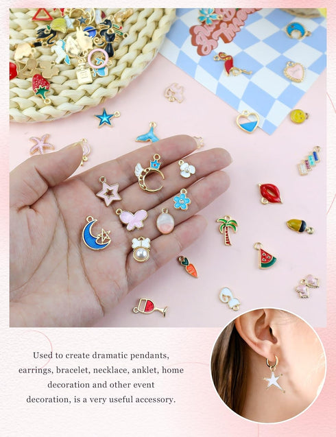 JIALEEY 60PCS Assorted Gold Plated Enamel Animal Moon Star Fruit Charm Pendant DIY for Necklace Bracelet Jewelry Making and Crafting...
