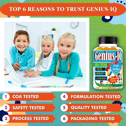 Genius IQ Kids Brain Supplements for Memory and Focus Omega 3-6-9, EPA DHA Gummy Vitamins, Brain Booster Calm Gummies,Supports Concentration, Clar...