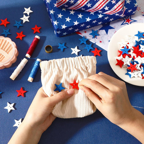 JUNEBRUSHS 260pcs Patriotic Star Buttons, 4th of July Red White and Blue Star Wooden Buttons for Sewing Clothes Accessories Crafts Independence Da...