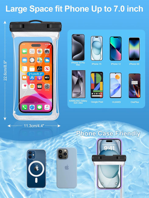 Clear Waterproof Phone Pouch -2 Pack, Waterproof Phone Case for iPhone 15 14 13 12 11 Pro Max XS Plus Galaxy 24 Cell phone Up to 7.0", PX8 Waterpr...