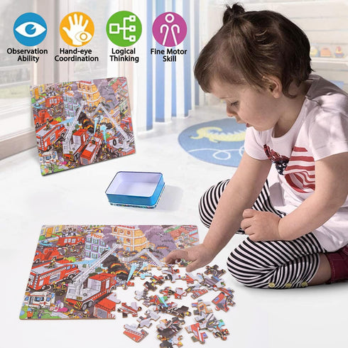 LELEMON Puzzles for Kids Ages 4-8,Fire Fighting 100 Piece Puzzles for Kids,Educational Kids Puzzles Jigsaw Puzzles in a Metal Box,Children 100 Pie...