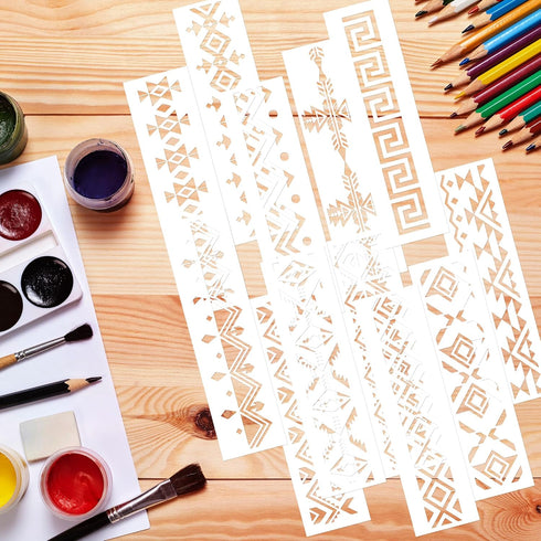 Aztec Stencils for Painting - 12 Pcs Boho Borders Pattern Stencils for Painting, Reusable DIY Stencils for Painting on Wood Canvas Wall, Basic Azt...
