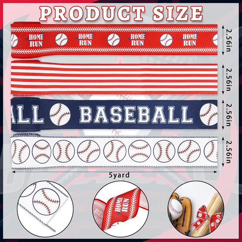 Baseball Wired Edge Ribbon 2.5 Inch Red Blue Craft Ribbon Wired Fabric Ribbon for Sport Events DIY Bow Wreath Wrapping Supplies,2.5"*10 Yards, 4 R...