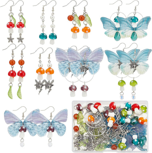 SUNNYCLUE 1 Box DIY 10 Pairs Butterfly Charms Fabric Butterflies Wing Charm Fairy Themed Earring Making Kit Moon Crescent 3D Mushroom Charm Fairy ...