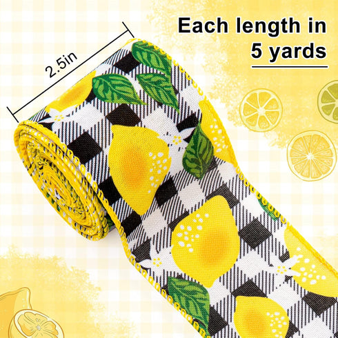 Whaline 30 Yard Summer Lemon Wired Edge Burlap Ribbon 6 Roll Yellow Lemon Buffalo Check Plaid Stripe Dots Pattern Ribbon Fabric Decorative Craft R...