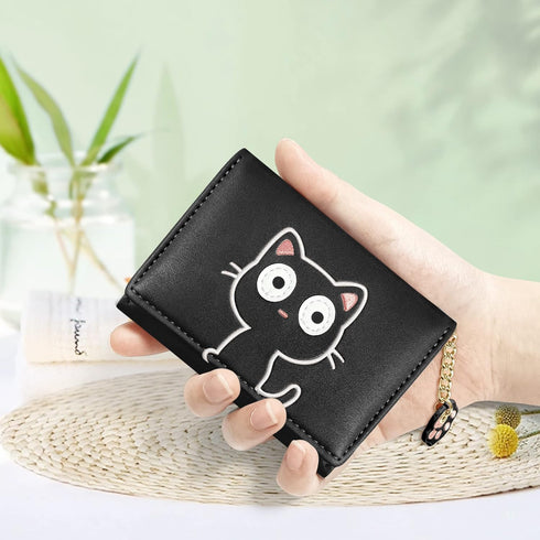 Cute Small Wallets for Women, Fashion Tri-folded Wallet for girls, Short Slim Womens Wallet with ID Window (3D Cat Pattern Black)...