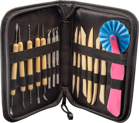Pottery Tool Starter Kit - 15-Piece 26-Tool Beginner's Clay Ceramics Modeling Carving Sculpting Set -Arts and Crafts School Project, w Carrying Ca...