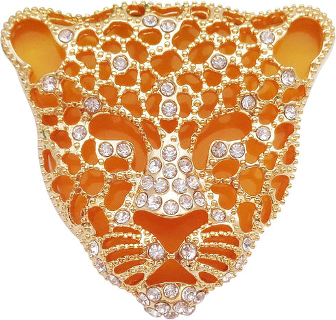 Navachi 18k Gold Plated Clear Crystal Black Enamel Leopard Head Brooch Pin...