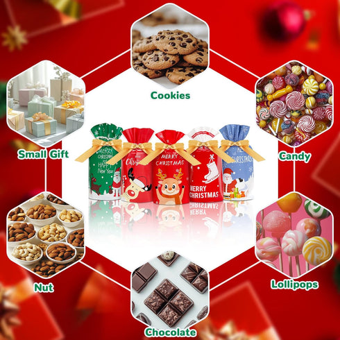DLY 50 Pcs Christmas Candy Bag Christmas Treat Bags Candy Goodies Plastic Drawstring Gift Bags Merry Christmas Treat Bags for Birthday Party Snack...