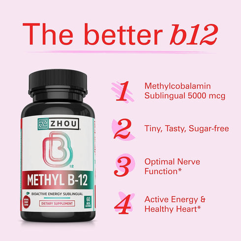 Zhou Nutrition Methyl (Vitamin B12) Lozenges, 5000 mcg for Maximum Absorption and Active Energy, Vegan, Cherry, 60 Count...