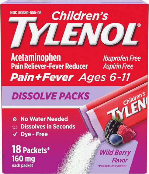 Children's Tylenol Dissolve Packs with 160 mg Acetaminophen Pain Reliever & Fever Reducer, Kids' Powder Packets for Cold & Flu Symptom Relief, Ibu...