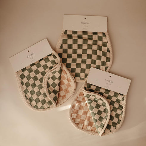mushie Muslin Baby Burp Cloths | 100% Organic Cotton, Set of 2 (Olive Check/Natural Check)...