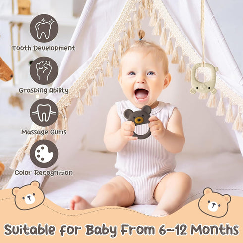 Baby Silicone Teething Toys - 2Pcs Brown Bear Mouse Baby Soothe Teething Chew Toys Infants Soft Teether Toys Toddler Bear and Mouse Design Toy Bab...