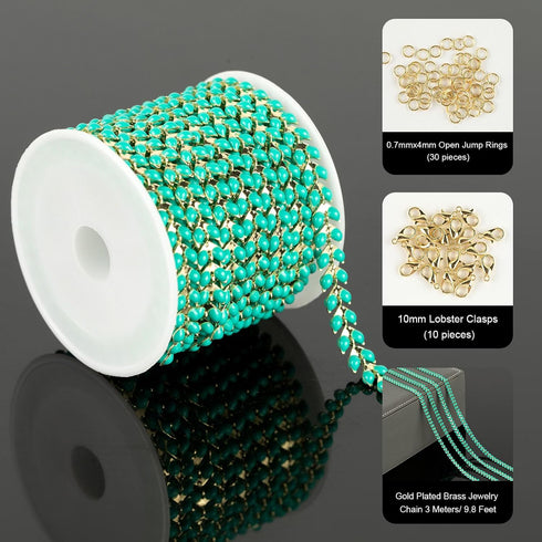 YOUBEIYEE 9.8 Feet Gold Plated Brass Chains Bulk Bluish Green Enamel Arrow Cable Jewelry Chain for Jewelry Making with Jump Rings and Lobster Clas...