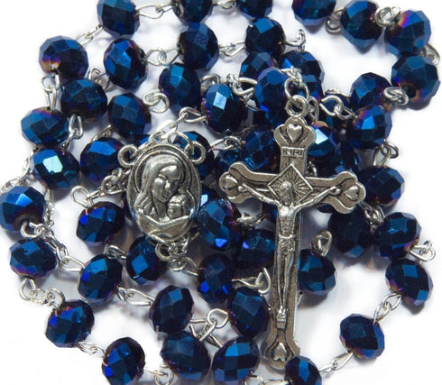 Nazareth Store Deep Blue Crystal Beads Rosary Catholic Necklace Holy Soil Medal Cross Crucifix Velvet Bag...